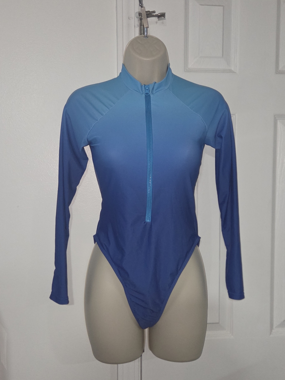 SHEIN Blue Ombre Long-Sleeve Zip Front One-Piece Swimsuit